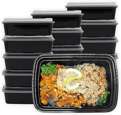 MULMEHË Plastic Food Storage Take-Out Container and Lid Combo, 38 oz, Microwaveable, Rectangular, Black, 8.5x6x2, Set of 150