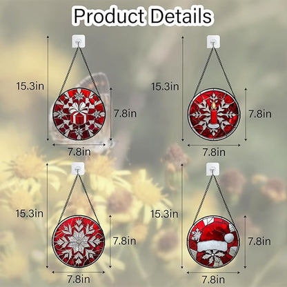 DASTOLL Stained Glass Window Hanging 4 Pcs Set Red Christmas Decorations Theme