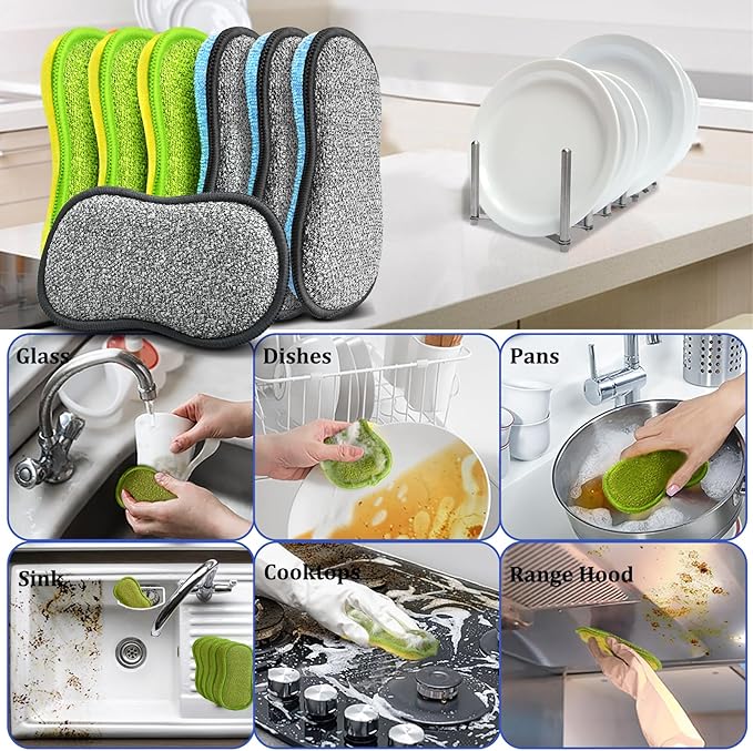 Dish Sponges Kitchen, 12 Pack Multi-Purpose Microfiber Scrub Sponge
