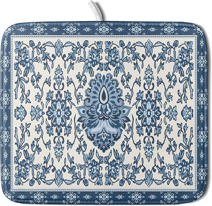 Blue Floral Dish Drying Mat for Kitchen Counter 16x18 Chinoiserie Flower Print