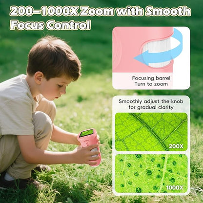 Kids Microscope Digital 1000X Zoom, Mini Pocket Handheld Microscope Portable Travel Toys, HD Photo & Video with 8GB SD Card, Christmas Birthday Gifts for Girls, STEM Toys for Toddlers Age 3-8