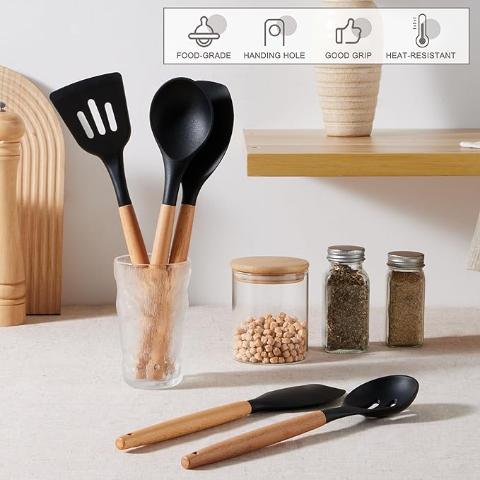 E-far Silicone Cooking Utensils Set, 5-Piece Black Kitchen Utensils Set