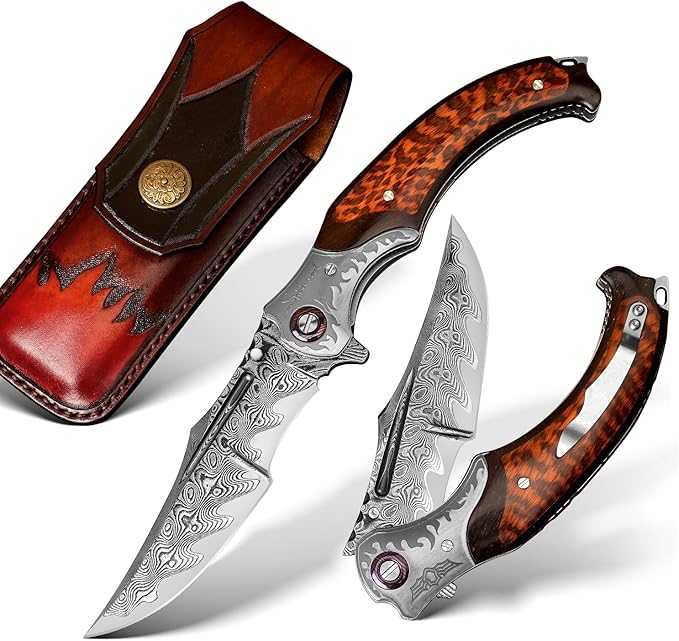 4.6in Damascus steel blade, ebony inlaid with serpentine wood handle with leather pocket folding knife, suitable for camping cutting