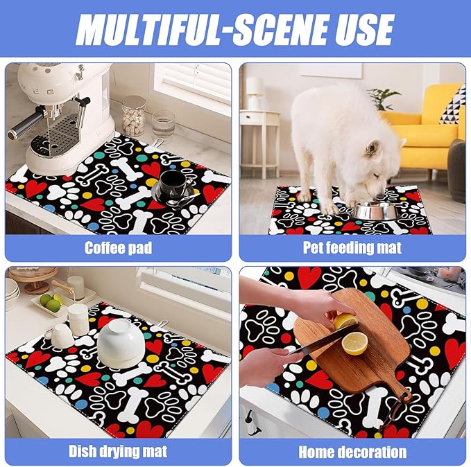 Dog Paw Bone Dish Drying Mat for Kitchen Counter Drying Pad Absorbent