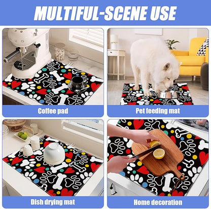 Dog Paw Bone Dish Drying Mat for Kitchen Counter Drying Pad Absorbent