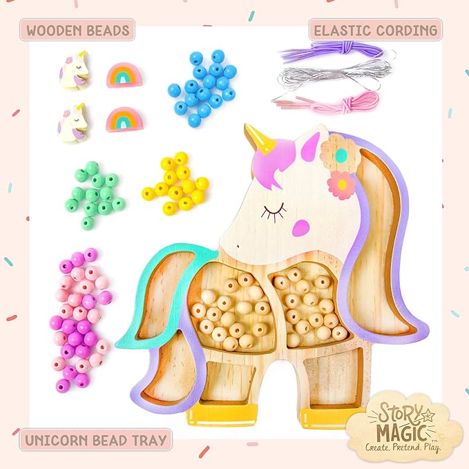 Story Magic Unicorn Bead Set by Horizon Group USA, Create Your Own Magical Beaded Jewelry, Includes Over 100 Natural Wooden Beads Large Hole, 5 Pre-Cut Elastic Cords with Shoelace Ends, Storage Case
