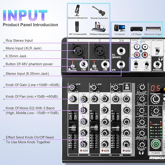 4 Channel Audio Interfacer DJ Mixer Sound Board 16-Bit DSP Effect USB Audio