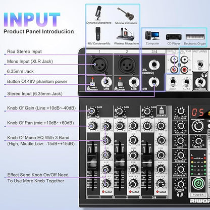 4 Channel Audio Interfacer DJ Mixer Sound Board 16-Bit DSP Effect USB Audio