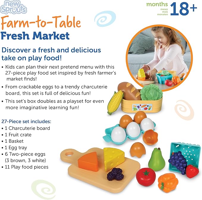 Learning Resources New Sprouts Farm-to-Table Fresh Market - Play Food for Kids Kitchens, Grocery Store, Gifts for Boys and Girls, Ages 18 Months+,27 Pieces