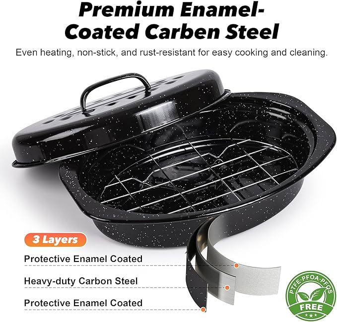 13” Roaster Pan with Lid and Rack, Small Enamel Roaster Pan with Oval Roasting