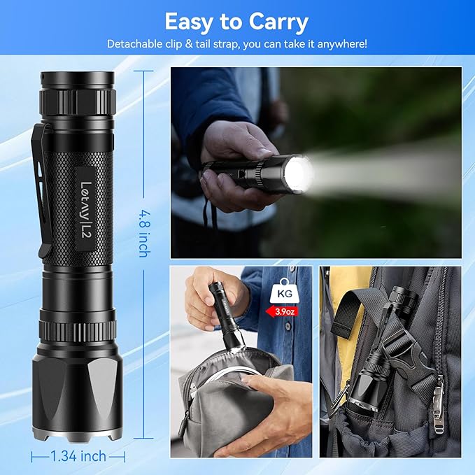 LETMY Rechargeable Flashlights High Lumens, 2 Pack 2000 Lumens Super Bright LED Tactical Flashlight, 3 Modes Samll Powerful Flash Lights with Clip, Waterproof Flashlights for Home Emergency Camping