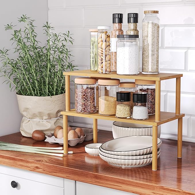 VERTORGAN Cabinet Organizer Shelf, Kitchen Counter Shelves, Bamboo Stackable