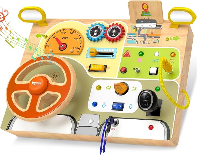 Montessori Toddler Toys - Baby Wooden Busy Board - Sensory Toys with Light Switch - Travel Toys for Educational Toddler Activities for Toddlers 1 2 3 4+ Year Old