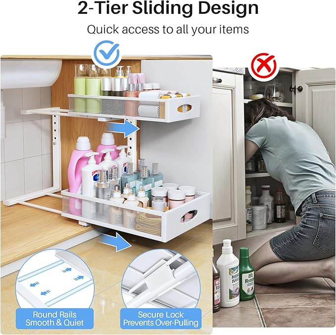 Under Sink Organizer, 2 Pack 2 Tier Pull Out Under Cabinet Organizer Shelf