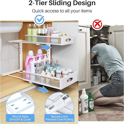 Under Sink Organizer, 2 Pack 2 Tier Pull Out Under Cabinet Organizer Shelf