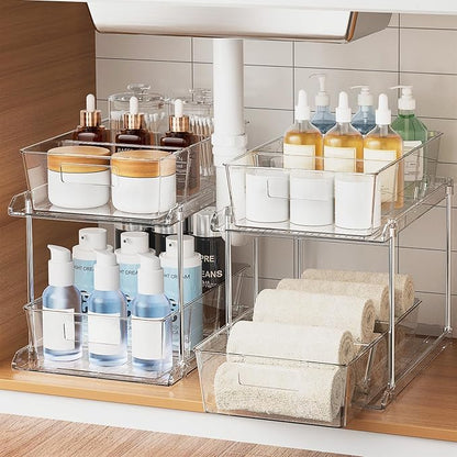 Fabspace Pull-out Home Organizer, 2 Pack 2 Tier Clear Bathroom Organizer