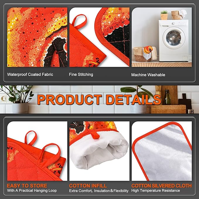 4 Pcs Lobster Claw Oven Mitts and Pot Holders Quilted Cotton Lining Design Heat