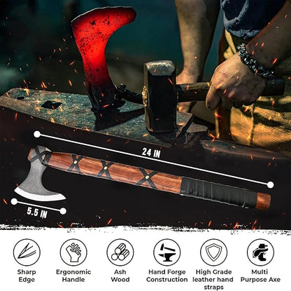 22-Inch Hand-Forged Viking Bearded Axe with Sheath – Survival & Camping Hatchet for Men – Best Gift (Brown Ragnar)