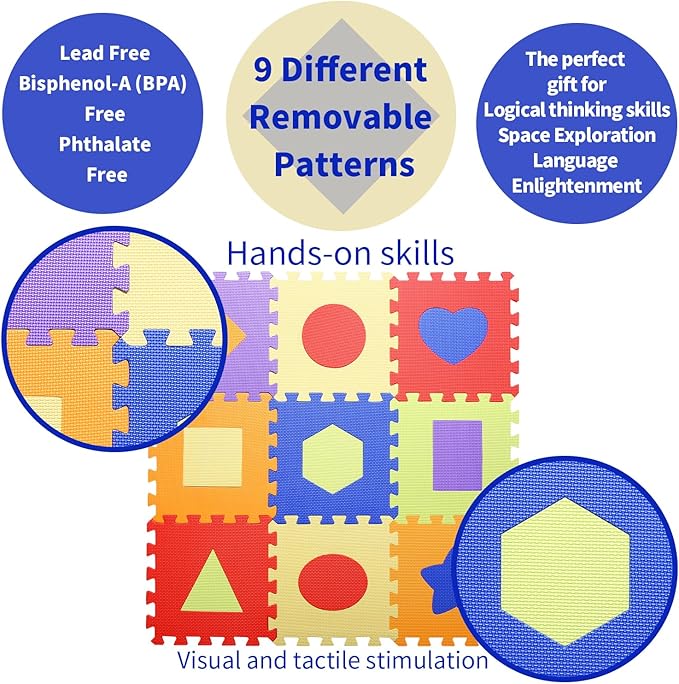 Coolcandy Baby Play Mat Without Fence, 9Pcs Interlocking Puzzle Floor Mat, 0.4" Thick Non-Toxic EVA Foam Play Mat, for Infants & Toddlers 3-36 Months, Soft Puzzle Tiles for Play Areas