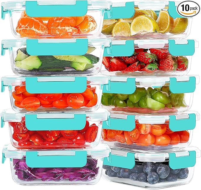 KOMUEE 10 Packs 22 oz Glass Meal Prep Containers, Glass Food Storage Containers with Lids, Airtight Lunch Boxes BPA Free, Microwave and Freezer Safe, Green