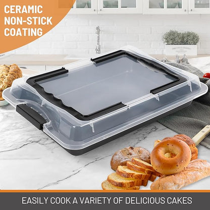 Sheet Cake Pan with Lid, Non-Stick Ceramic Coating Baking Pan, Oven Safe 450°F