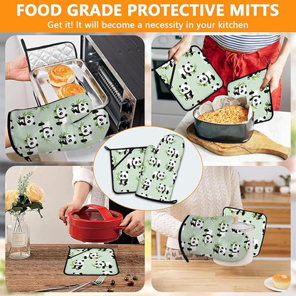 Cute Panda Oven Mitts and Pot Holders Sets 4Pcs, Extra Long Oven Gloves