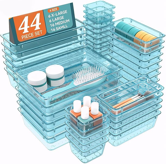 WOWBOX 44 PCS Clear Plastic Drawer Organizer Set, 6 Varied Size storage Bins