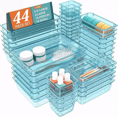 WOWBOX 44 PCS Clear Plastic Drawer Organizer Set, 6 Varied Size storage Bins