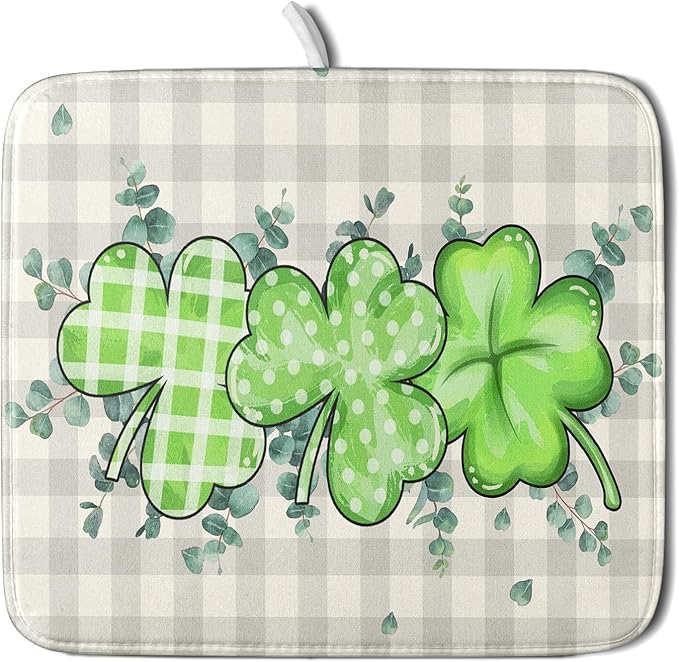 Giwawa Patrick Dish Drying Mat for Kitchen Green Clovers Grey Buffalo Plaids