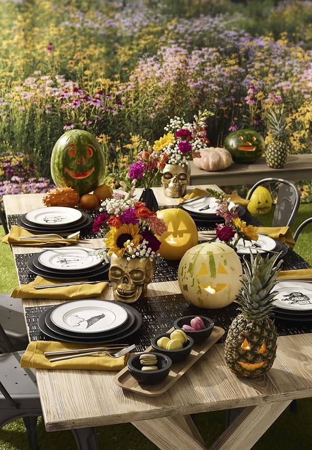 Lenox Dinnerware Set, Vintage Halloween 4-Piece Dessert Plate Set, Assorted, Set of 4 Ivory Porcelain Plates, Dishwasher Safe, Halloween Decor Indoor, Party Table Decorations (Black/White, 4 Piece)