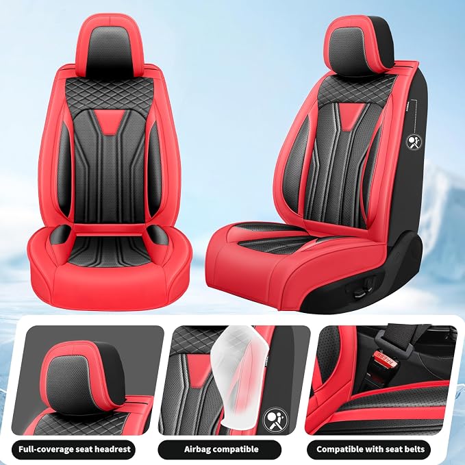 Fit Wagoneer Car Seat Covers for Jeep Wagoneer 2022-2025 2026 -Full Set Premium Leather, Waterproof & Breathable，All-Weather Seat Cushion Protecto & Airbag Compatible, 2 Front Seat Red&Black