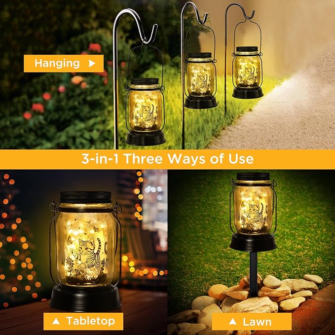 Cat Gifts Cat Solar Lanterns Cat Solar Lights Outdoor Cat Lover Gifts for Women Men Cat Lovers Gifts Hanging Cat Lanterns with Stake for Yard Lawn Garden Decor Waterproof Cat Butterfly Lantern Torches