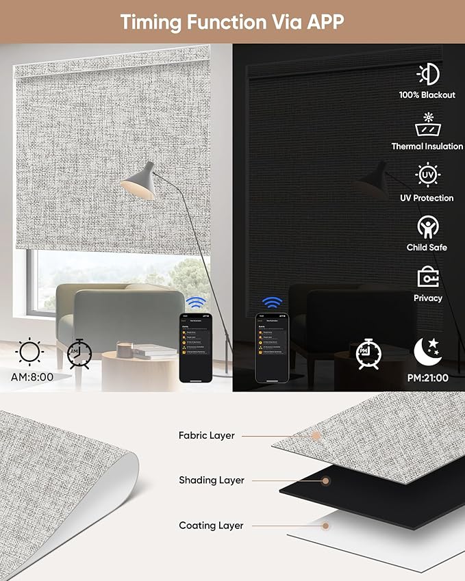 Kincmo Motorized Blinds with Remote, 100% Blackout Motorized Roller Shades Work