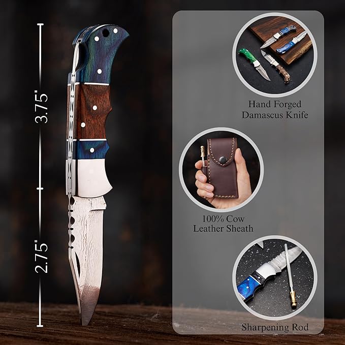 Personalized Folding Knife - Damascus Blue Pocket Knife, Engraved Gift for Dad, Son, Husband, Boyfriend, Groomsmen, Perfect Birthday, Father’s Day, Anniversary Present, Christmas Gift
