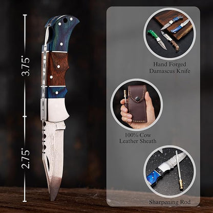 Personalized Folding Knife - Damascus Blue Pocket Knife, Engraved Gift for Dad, Son, Husband, Boyfriend, Groomsmen, Perfect Birthday, Father’s Day, Anniversary Present, Christmas Gift