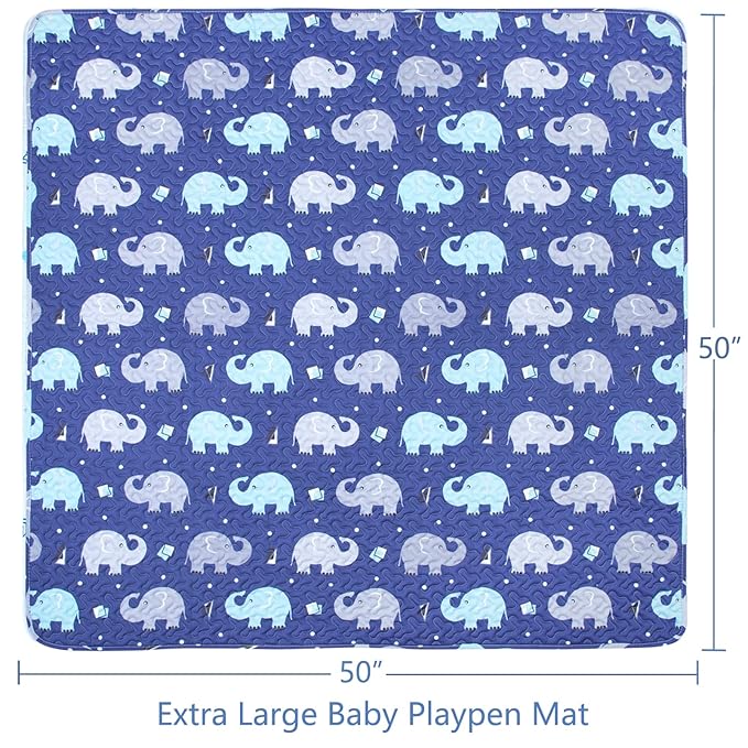 Baby Floor Play Mat Foldable Crawling Mat, 50x50 Play Mat for Playpen, Washable Non Slip One-Piece Playmats Portable, Cushioned Baby Tummy Time Mats for Infants and Toddlers (Blue Elephant)