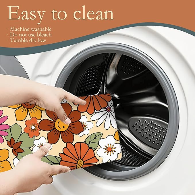 Retro 70s Groovy Flowers Dish Drying Mats 18x24 Inch, Daisy Boho Dish Pad
