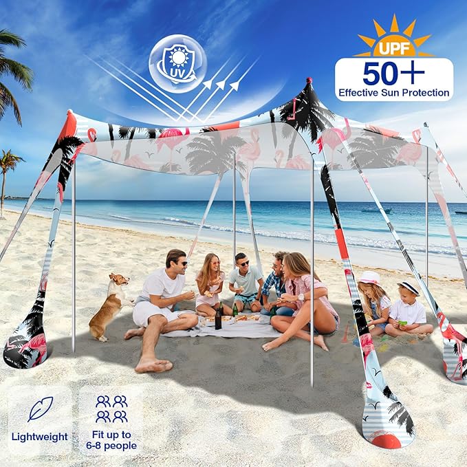 Rhino Valley Beach Tent Shade Canopy UPF50+ Protection, 8 Sandbags, 4 Stability Poles, Outdoor Sun Shelter Umbrella for Sand, Camping, Fishing Essentials