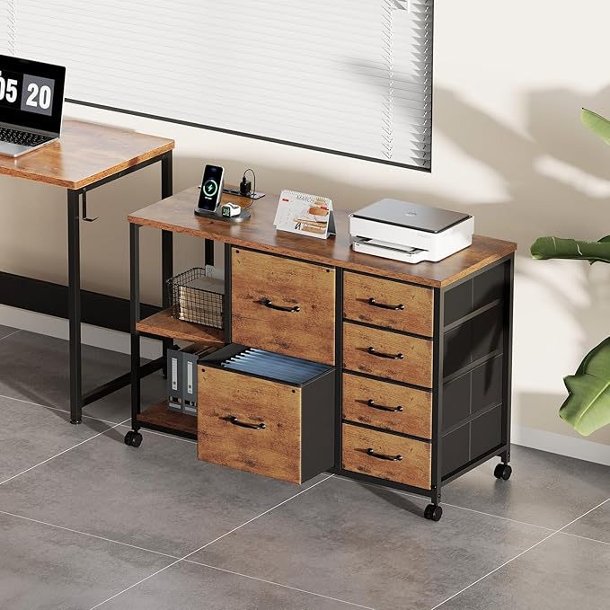 6 Drawer File Cabinet with Charging Station Rolling Printer Stand with Open
