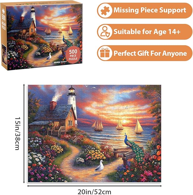 Jigsaw Puzzles for Adults 500 Pieces, Cottage by The Sea Interlock Perfectly No Dust, Home Decors Family Challenge Puzzles Toys Great Gift for Men Women Friends Seniors (20.5"x15"), 1:1 Poster