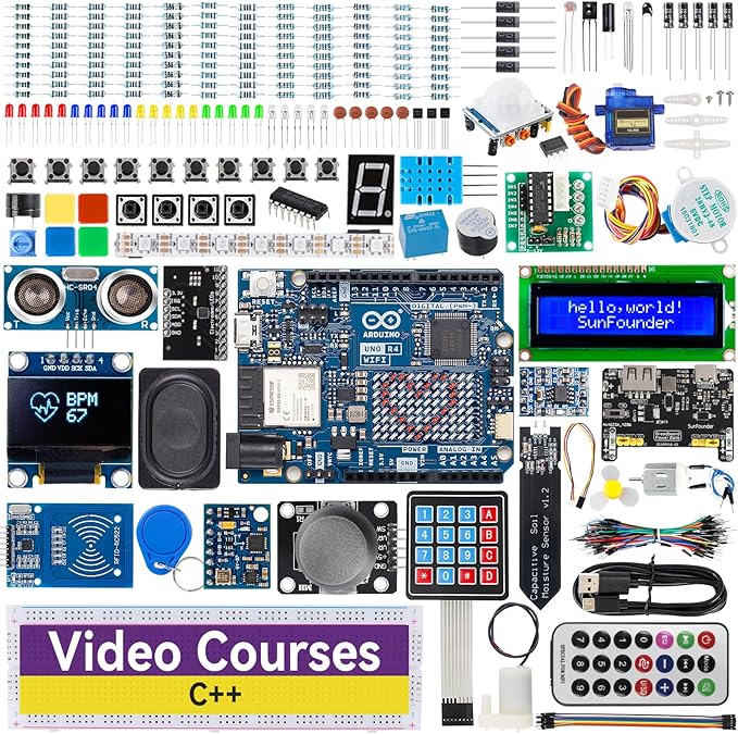 SunFounder Elite Explorer Kit with Original Arduino Uno R4 WiFi, RoHS Compliant, Bluetooth IoT ESP32 IIC LCD1602 OLED, Super Starter Kit, Online Tutorials & Video Courses for Beginners & Engineers