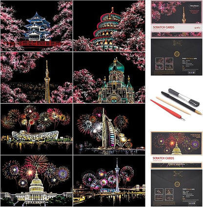 Scratch Art for Adults and Kids-City Landmarks Scratch Painting Craft Kit (8 Sheets A4)|DIY Foil Engraving Art Set|Stress Relief Gift for Travel Lovers, Craft Lovers, Home Decor (Firework&Sakura)