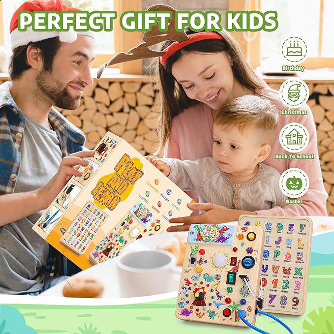 Toddler Busy Board,Montessori Toys for 1-3 Years Old,Baby Sensory Board,Wooden Learning Toys,Christmas & Birthday Gift for Boys & Girls (Dinosaur Busy Board v2)