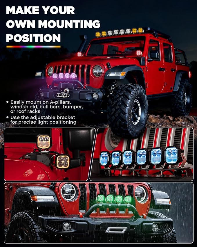 Auxbeam Color Play Series RGB Cube LED Pods, 3-Inch Spot Flood Combo Multi Color Changing Ambient Lights, RGBW 7-Color Backlight Bumper Off-Road Lights with Amber White Covers, 2-Pack