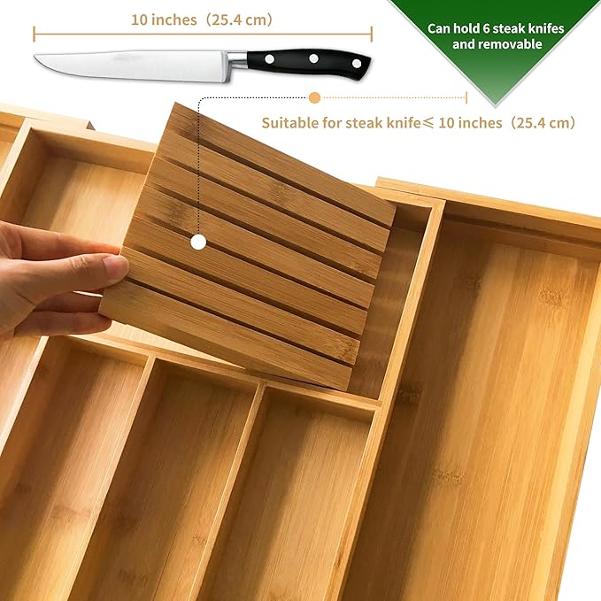 VaeFae Bamboo Silverware Drawer Organizer Kitchen, Expandable Utensil Organizer