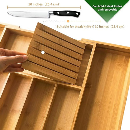VaeFae Bamboo Silverware Drawer Organizer Kitchen, Expandable Utensil Organizer