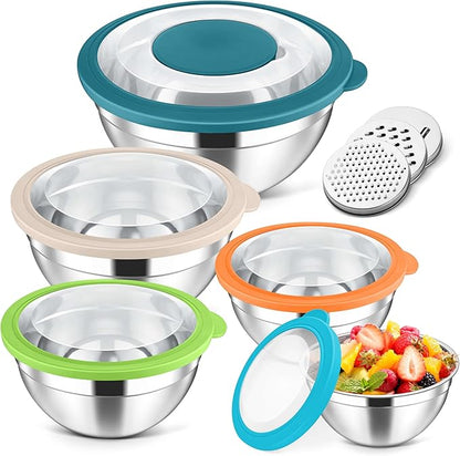 Herogo 5-Piece Mixing Bowls with Visible Lids, 3 Grater Attachments, Stainless Steel Salad Serving Bowls for Kitchen, 4.6/3.5/2.5/2/1.5 QT Ideal for Prepping & Cooking, Colorful
