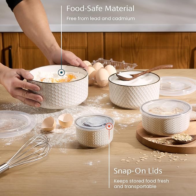 KooK Serving Bowls, with Lids, Ceramic Nesting Bowls, Microwave and Dishwasher