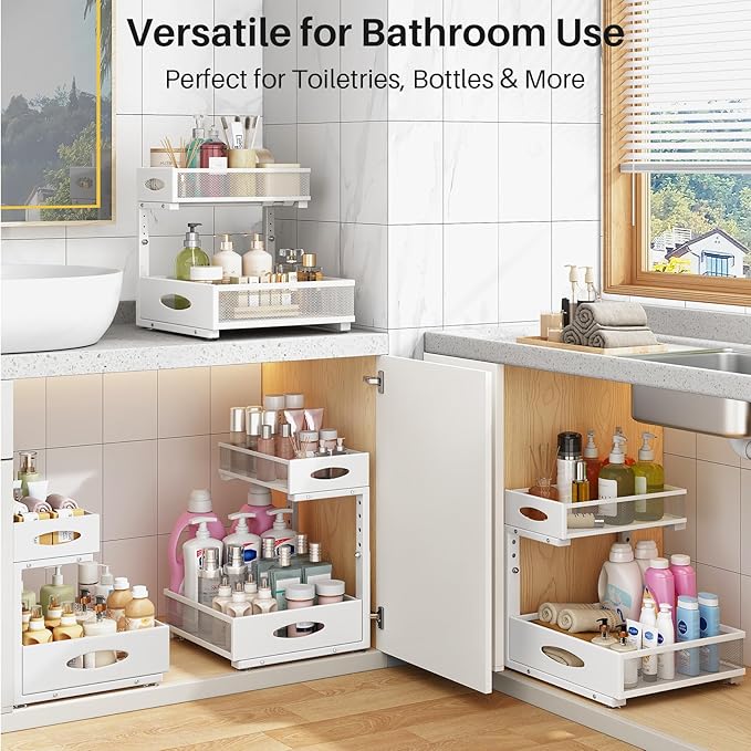 Under Sink Organizer, 2 Pack 2 Tier Pull Out Under Cabinet Organizer Shelf