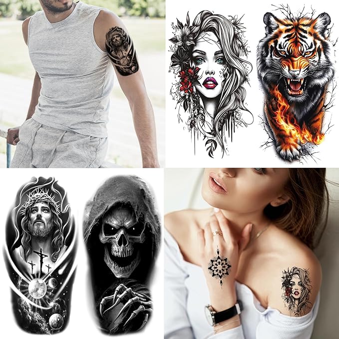 102 Sheets Halloween Tiny Temporary Tattoos Stickers, Fake Tattoos That Look Real And Last Long, Halloween Tattoos Include Black Scary Wolf Lion Tiger Skeleton Skull